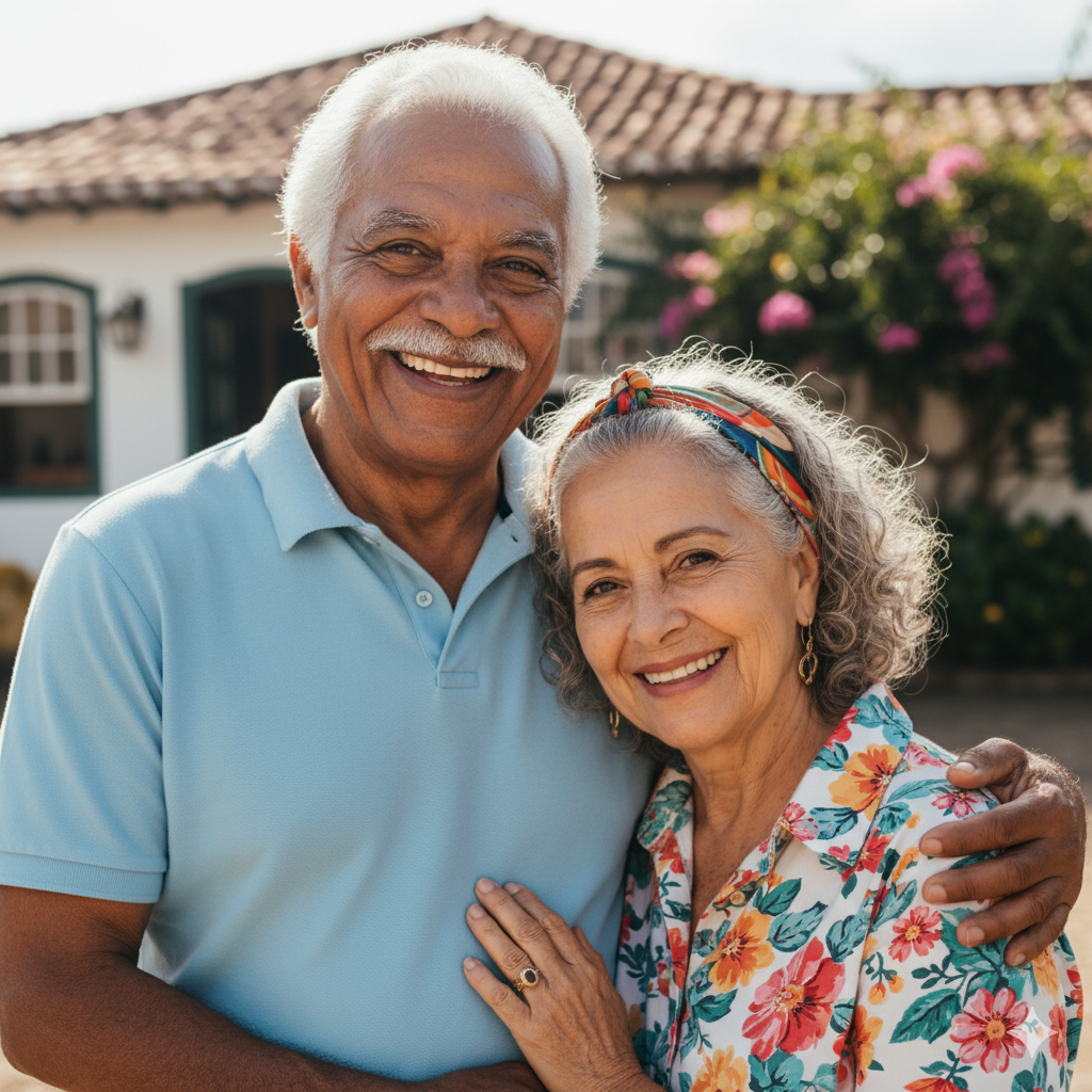 Casal de idosos sorrindo, representando a segurança e a tranquilidade de antecipar o precatório.