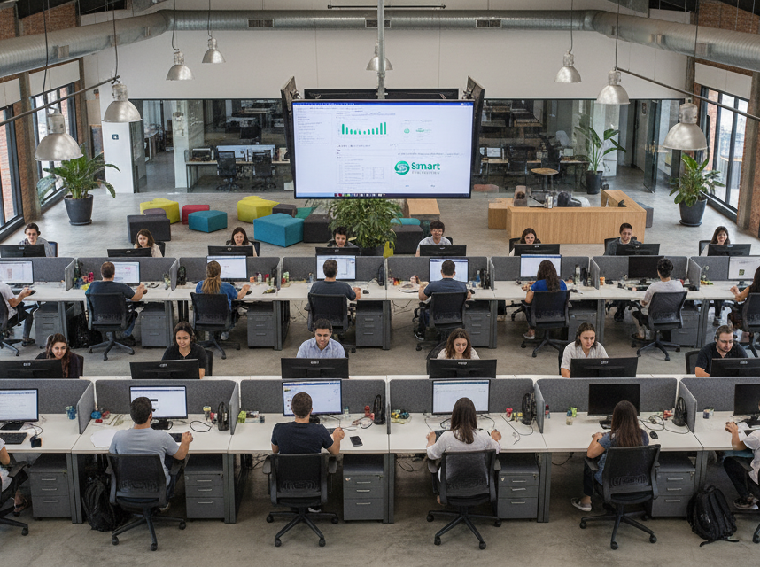Equipe da Smart Precatório em uma reunião de trabalho, demonstrando profissionalismo e colaboração.